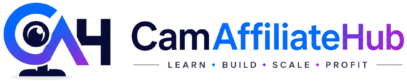 CamAffiliateHub official logo featuring a blue and purple CAH icon with the tagline "Learn • Build • Scale • Profit".