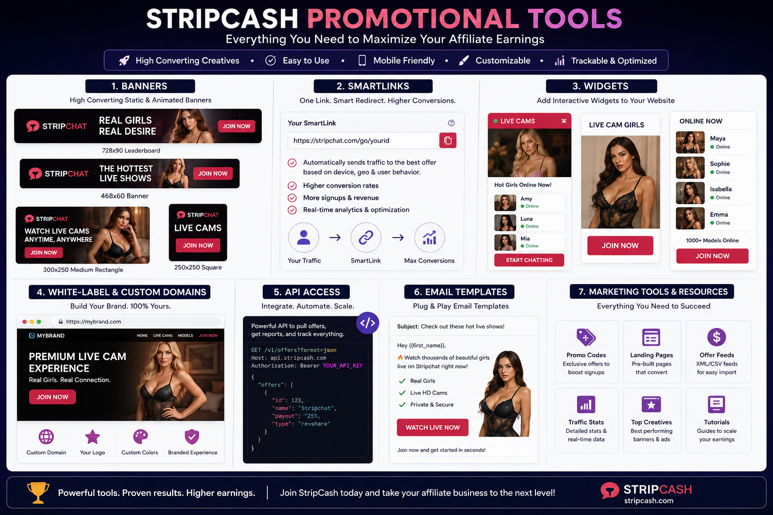 StripCash/StripChat affiliate marketing promotional tools infographic displaying custom banners, smart links, live cam widgets, white-label domains, API access, email templates, and marketing resources.